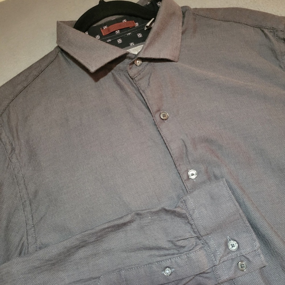 Ted Baker Mens Gray Herringbone Long Sleeve Button Down Dress Shirt‎ Size Large
